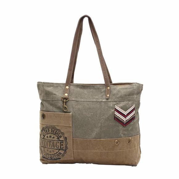 Military Badge Upcycled Canvas And Genuine Leather Trim Tote Bag XD